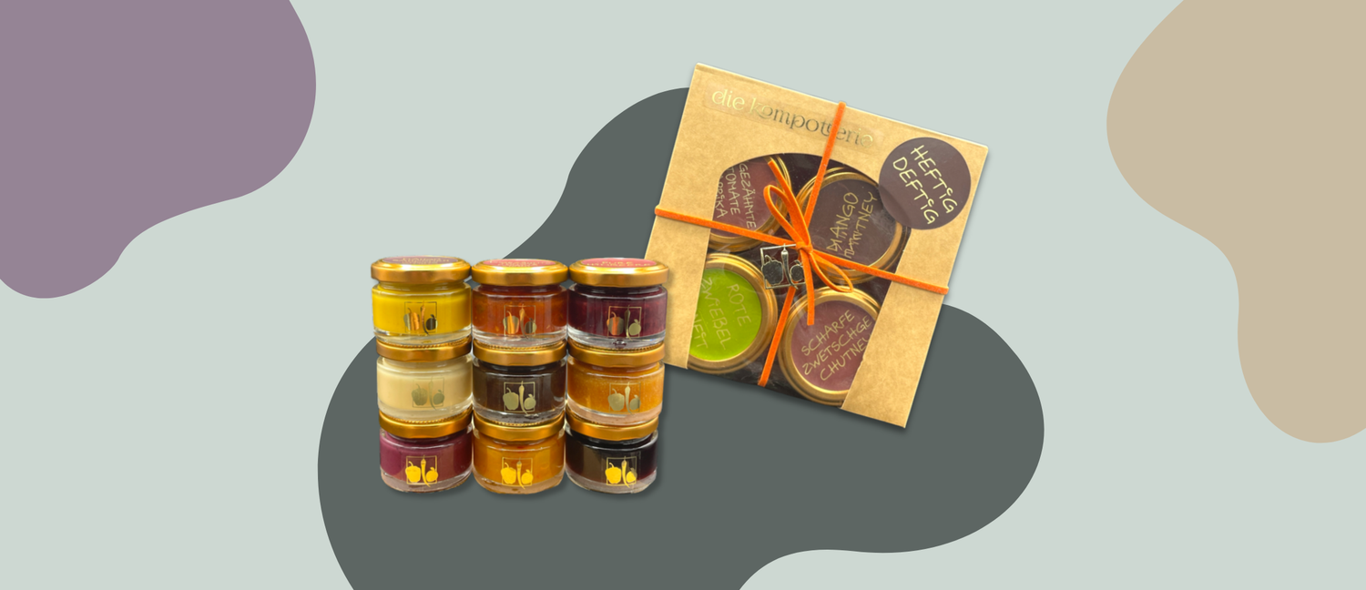 Geschenkbox heftig deftig von die kompotterie mit herzhaften Chutneys als Probierpaket und Geschenkidee
